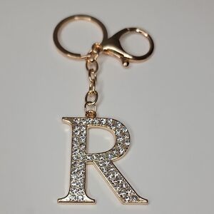 Letter R Initial R Alphabet R Rhinestone Gold Key Chain Bag Charm